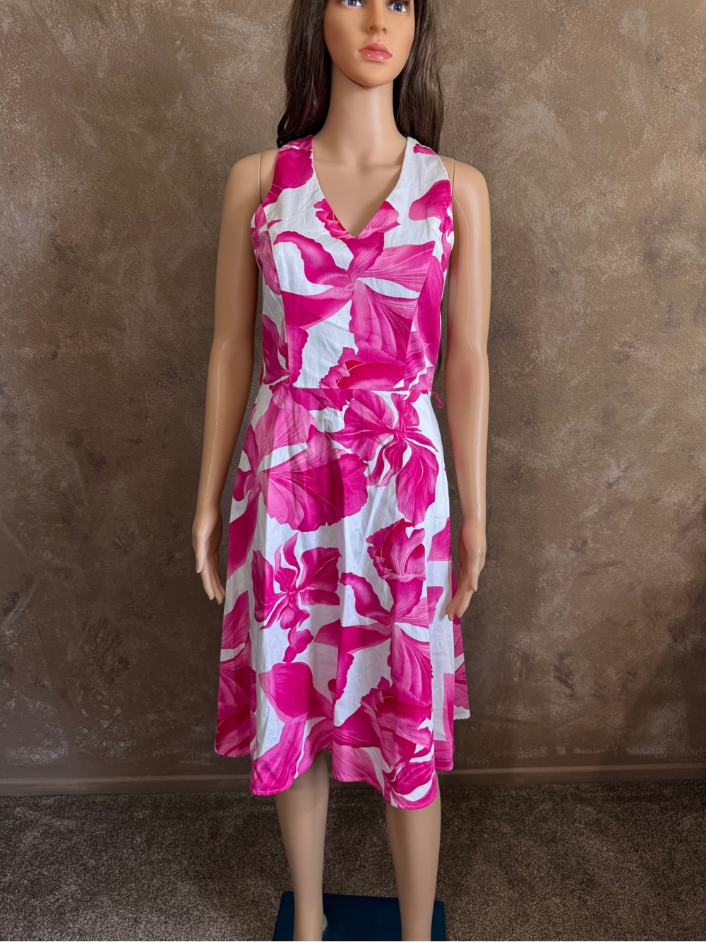 Sun Dress Sleeveless V-Neck Floral Print Cotton Dress in Hot Pink and White Sz 8